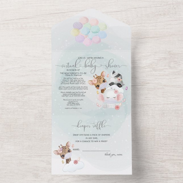 Invitación Todo En Uno Animales verde azulados en Baby Shower virtual más (Interior)
