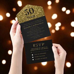 Invitación Todo En Uno Aniversario de Bodas de Oro 50 Moderno Negro