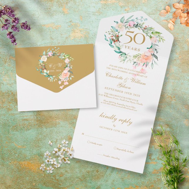 Invitación Todo En Uno Aniversario de Bodas de Oro Monograma Floral 50 (Subido por el creador)