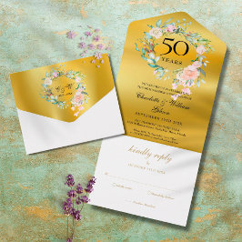 Invitación Todo En Uno Aniversario de Bodas de Oro Monograma Floral Dorad