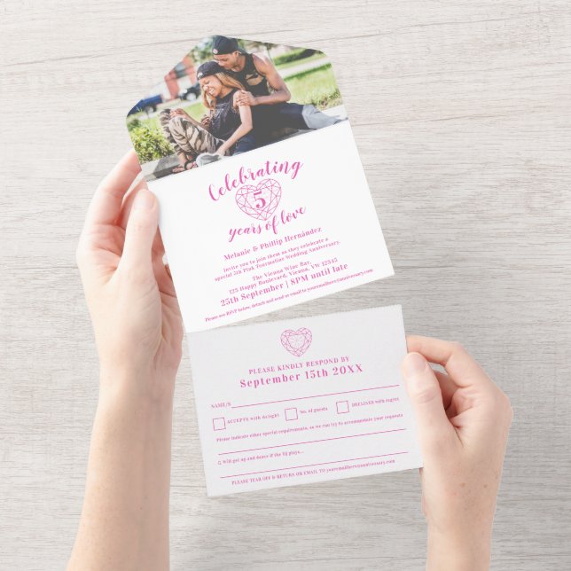 Invitación Todo En Uno Aniversario de bodas de turmalina rosa del 5º RSVP (desgarro)