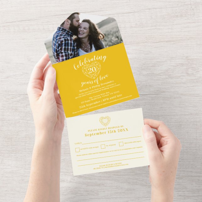 Invitación Todo En Uno Aniversario de bodas del Diamante Dorado número 20 (desgarro)