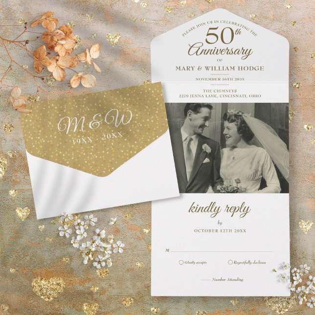Invitación Todo En Uno Aniversario de Bodas número 50 Foto Monograma (50th Wedding Anniversary Photo Monogram All In One Invitation)