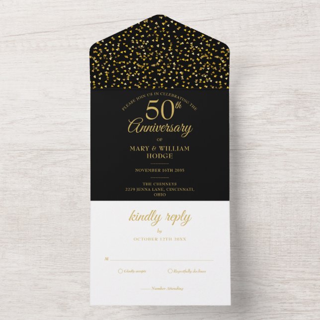 Invitación Todo En Uno Aniversario de Bodas número 50 Negro y Dorado (Interior)