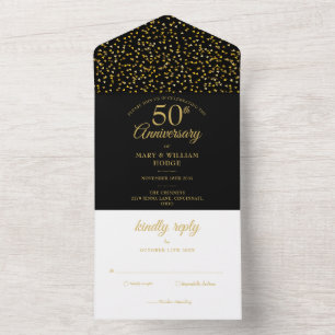 Invitación Todo En Uno Aniversario de Bodas número 50 Negro y Dorado