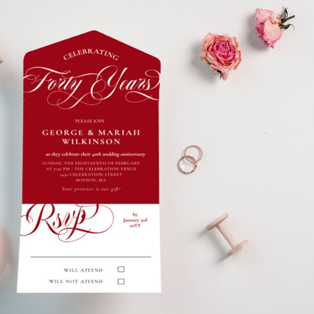 Invitación Todo En Uno Aniversario del 40° Boda de Ruby Red White (Subido por el creador)