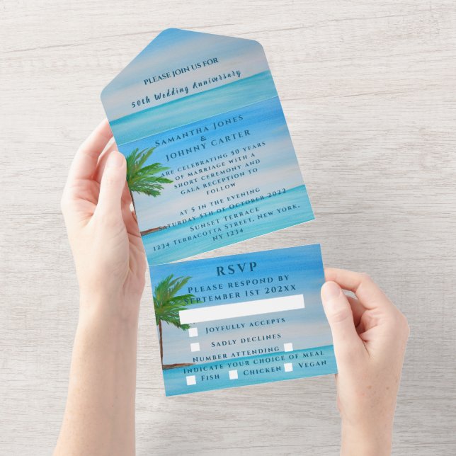 Invitación Todo En Uno Aniversario del Boda Tropical de la Playa de la Co (desgarro)