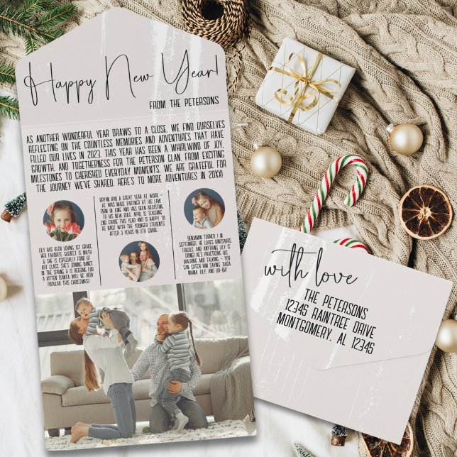 Invitación Todo En Uno Año moderno en boletín de revisión con foto Keepsa (happy new year year in review family newsletter modern script typography photo keepsake card)