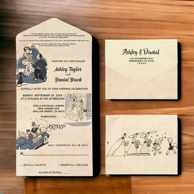 Invitación Todo En Uno Antiguo Boda romántico de historieta de estilo ret (Subido por el creador)