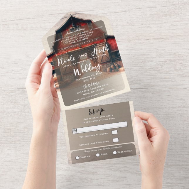 Invitación Todo En Uno Antiguo Granero Rojo Boda Rústica de Campo (desgarro)