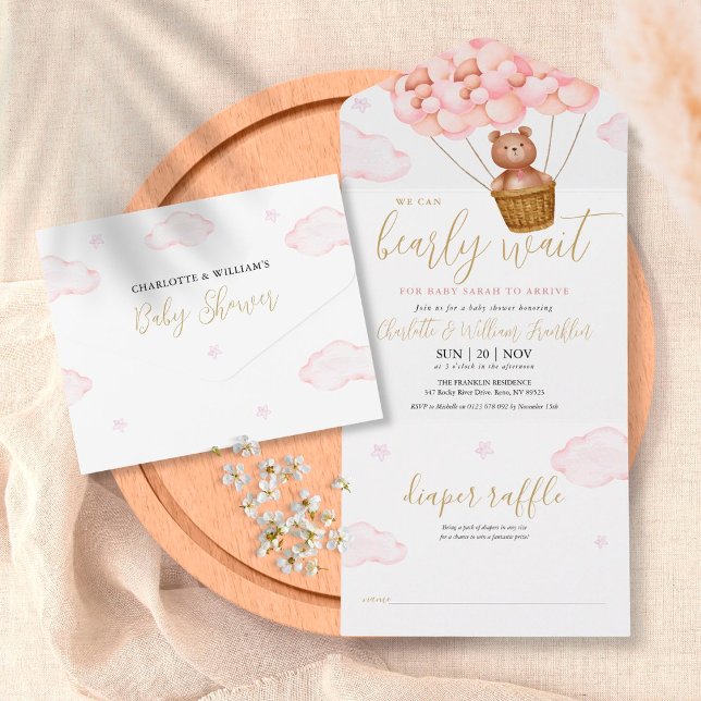 Invitación Todo En Uno Apenas Podemos Esperar Osito Teddy Rosa Baby Showe (Subido por el creador)