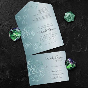 Invitación Todo En Uno Aqua D20   Elegante Boda de dados de RPG verde azu