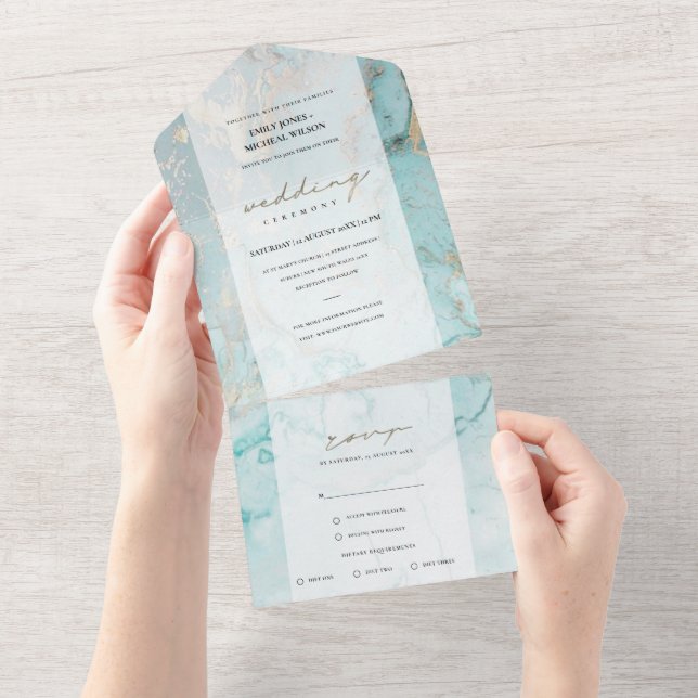 INVITACIÓN TODO EN UNO AQUA MODERNA BODA ABSTRACTO DEL ORO AZUL VERDE AZU (desgarro)