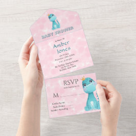 Invitación Todo En Uno Aqua Princess Cute Dinosaur Pink Peony Baby Shower