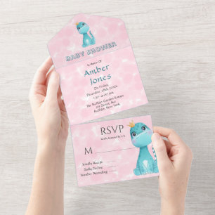 Invitación Todo En Uno Aqua Princess Cute Dinosaur Pink Peony Baby Shower