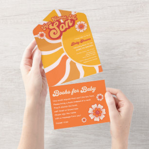 Invitación Todo En Uno Aquí Viene El Hijo Retro Sunshine Baby Shower