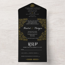 Invitación Todo En Uno Árabe negro e inglés, todo en una sola boda
