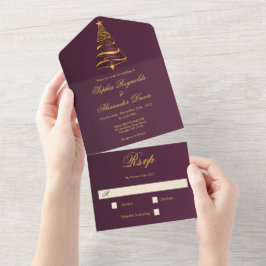 Invitación Todo En Uno Árbol de Navidad Dorado Minimalista y Elegante par