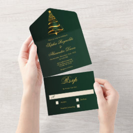 Invitación Todo En Uno Árbol de Navidad Dorado Minimalista y Elegante par