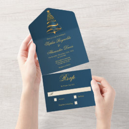 Invitación Todo En Uno Árbol de Navidad Dorado Minimalista y Elegante par
