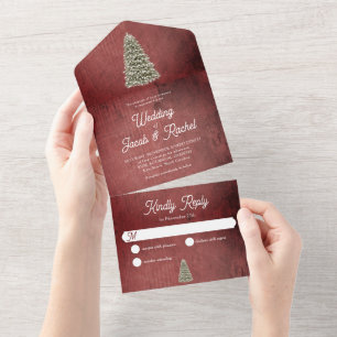 Invitación Todo En Uno Árbol de Navidad en Boda Rústico de Madera Roja