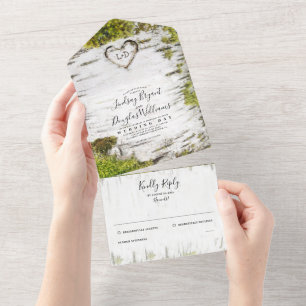 Invitación Todo En Uno Árbol de pájaros tallados Corazón de rústica boda