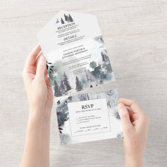 Invitación Todo En Uno Árboles alpinos, montañas, Boda húmedo | (desgarro)