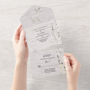 Invitación Todo En Uno Árboles de Birch Rústicos y Boda de venados