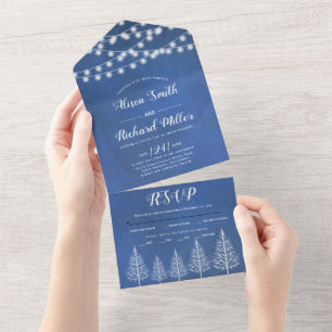 Invitación Todo En Uno Árboles y luces manchados boda de invierno azul to