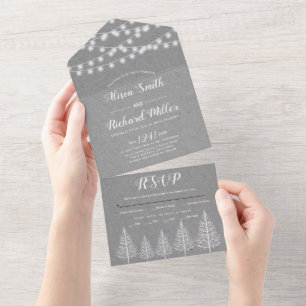Invitación Todo En Uno Árboles y luces papel kraft gris boda de invierno