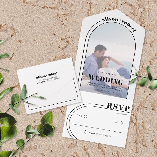 Invitación Todo En Uno Arco blanco y negro moderno y boda fotográfico (Subido por el creador)