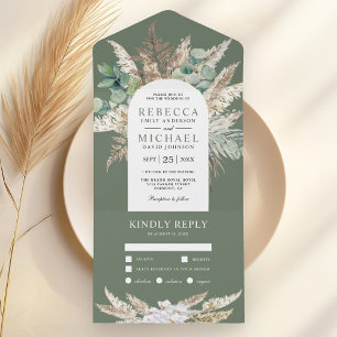 Invitación Todo En Uno Arco de eucalipto rústico de la Pampa Verde Sage B