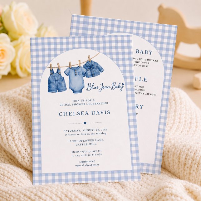 Invitación Todo en uno arco de gingham azul personalizado (All In One Blue Jean Baby Custom Gingham Arch Invitation)