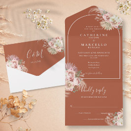 Invitación Todo En Uno Arco de hierba de Pampas de terracota floral boda