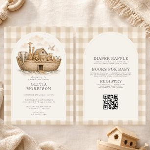 Invitación Todo en uno arco de Noé gingham baby shower neutra