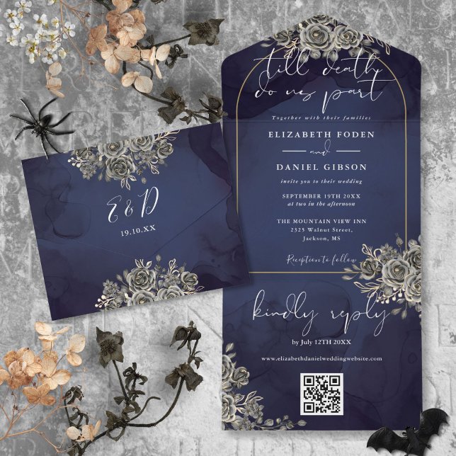 Invitación Todo En Uno Arco de oro gótico rosas negras código QR boda (Gothic Gold Arch Black Roses QR Code Wedding All In One Invitation)