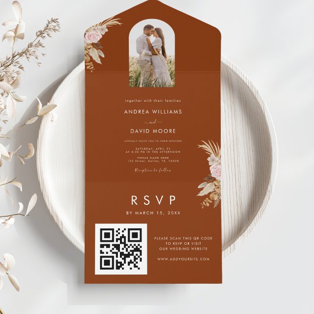 Invitación Todo En Uno Arco de Terracotta Foto Pampas Boda Floral Grasa (Subido por el creador)