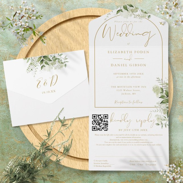Invitación Todo En Uno Arco dorado elegante con código QR y vegetación pa (Elegant Gold Arch QR Code Greenery Wedding All In One Invitation)