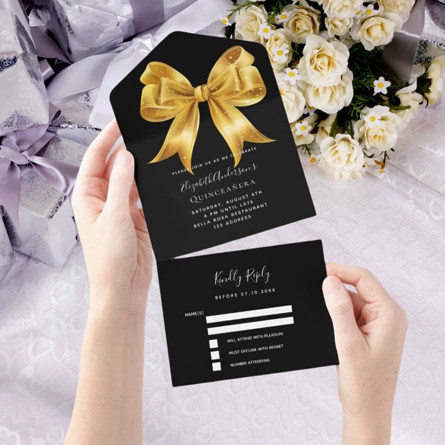 Invitación Todo En Uno Arco dorado negro Quinceanera rsvp (Subido por el creador)