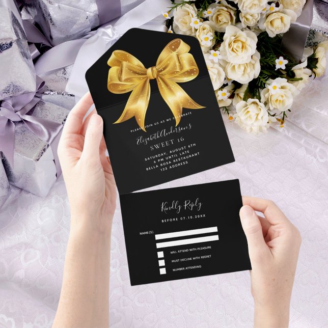 Invitación Todo En Uno Arco dorado negro Sweet 16 rsvp (Subido por el creador)