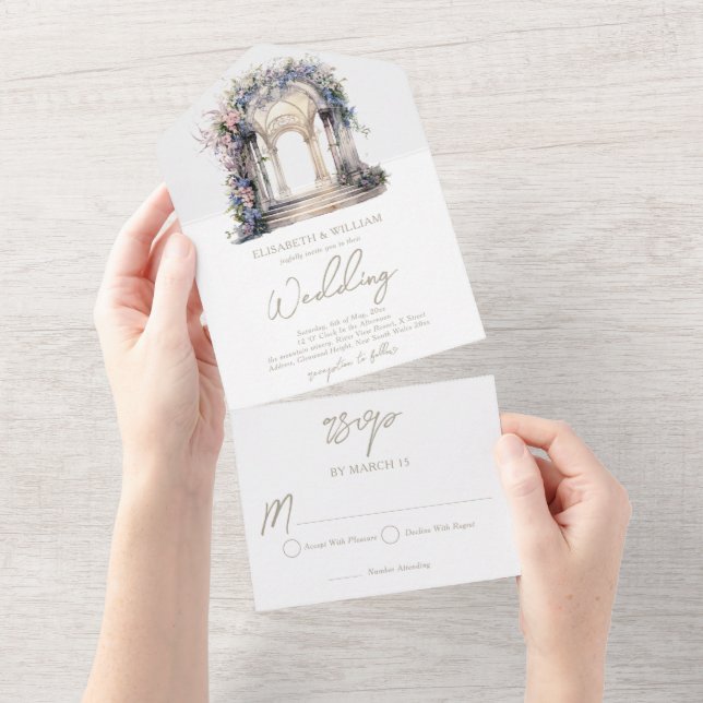 Invitación Todo En Uno Arco floral acuático Boda Rsvp (desgarro)