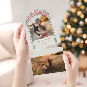 Invitación Todo En Uno Arco floral de Navidad con foto en tono cálido a s