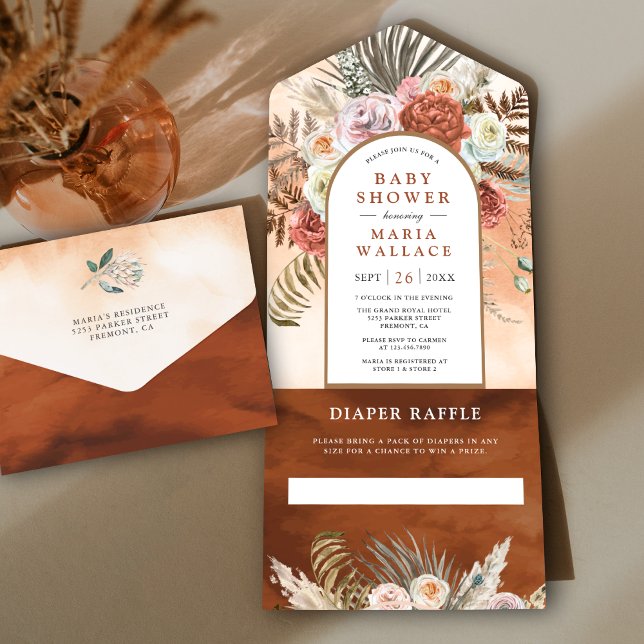 Invitación Todo En Uno Arco floral rústico Terracotta Baby Shower (Subido por el creador)
