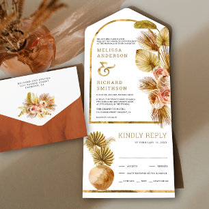 Invitación Todo En Uno Arco Floral Rústico Terroso Seco Boho Palma Boda