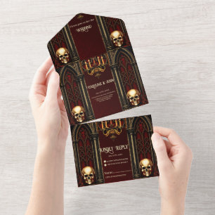 Invitación Todo En Uno Arco gótico con calaveras.