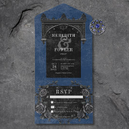 Invitación Todo En Uno Arco negro gótico y Rosas negros azul sin cena
