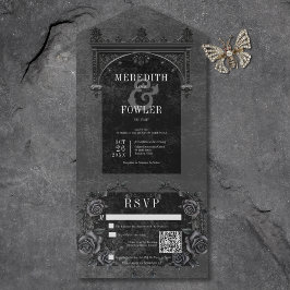 Invitación Todo En Uno Arco negro gótico y Rosas negros Código QR