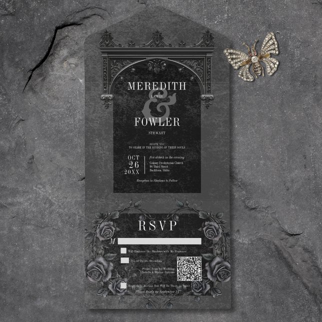Invitación Todo En Uno Arco negro gótico y Rosas negros Código QR (Gothic Black Arch & Black Roses QR Code All In One Invitation)
