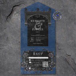Invitación Todo En Uno Arco negro gótico y Rosas negros Código QR azul