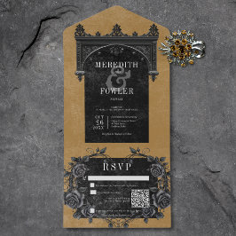 Invitación Todo En Uno Arco negro gótico y Rosas negros Código QR de oro